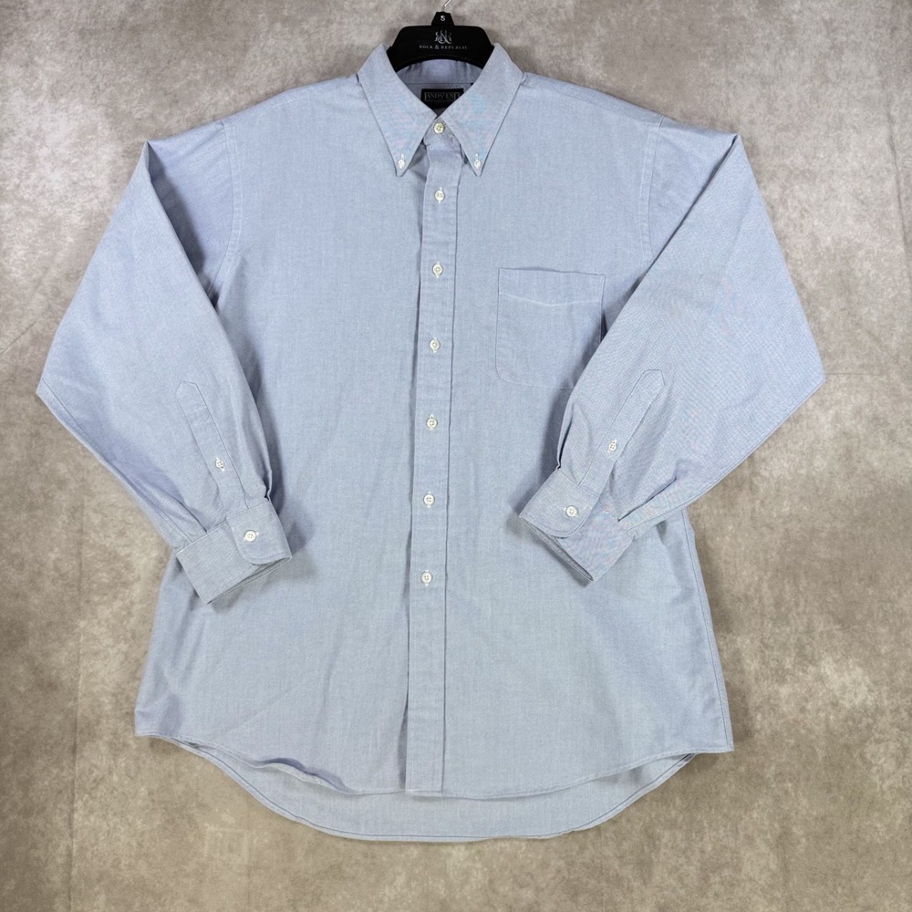 Lands End Dress Shirt Men 17‎ 34 Blue Hyde Park Oxford  Button Down Long Sleeve